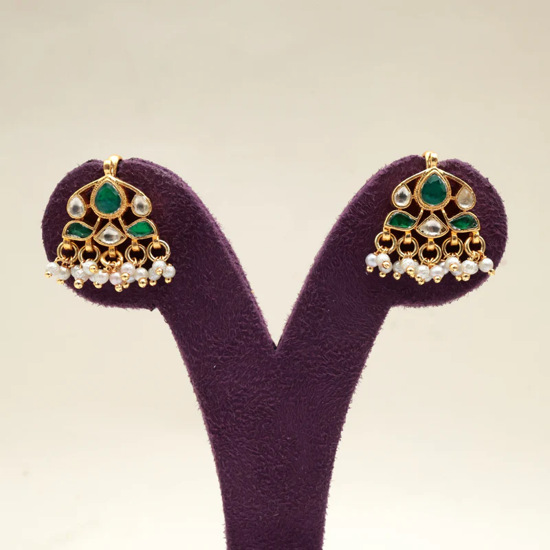 Premium Pachi Kundan Hanging Flower Koppu - Green & White